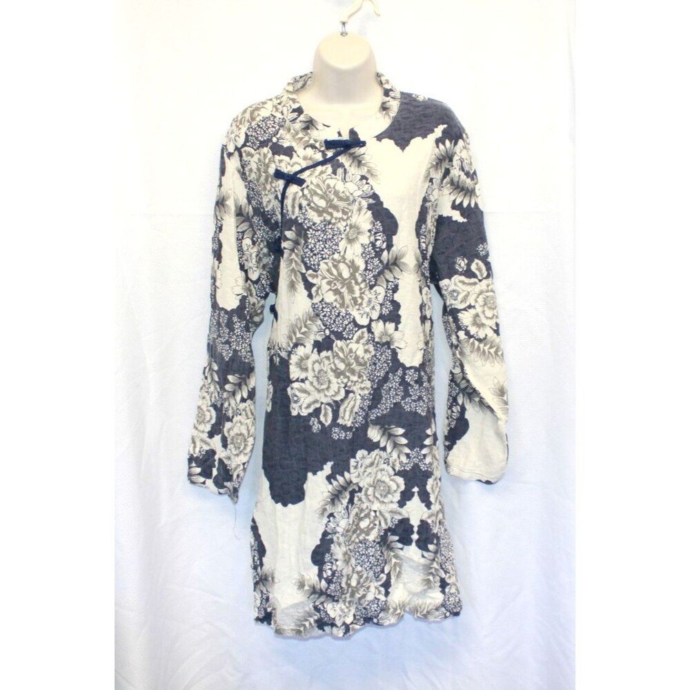 NEW Minibee Womens Linen Blend Shirt Tunic Pullover Size 2XL Floral Blue Beachy